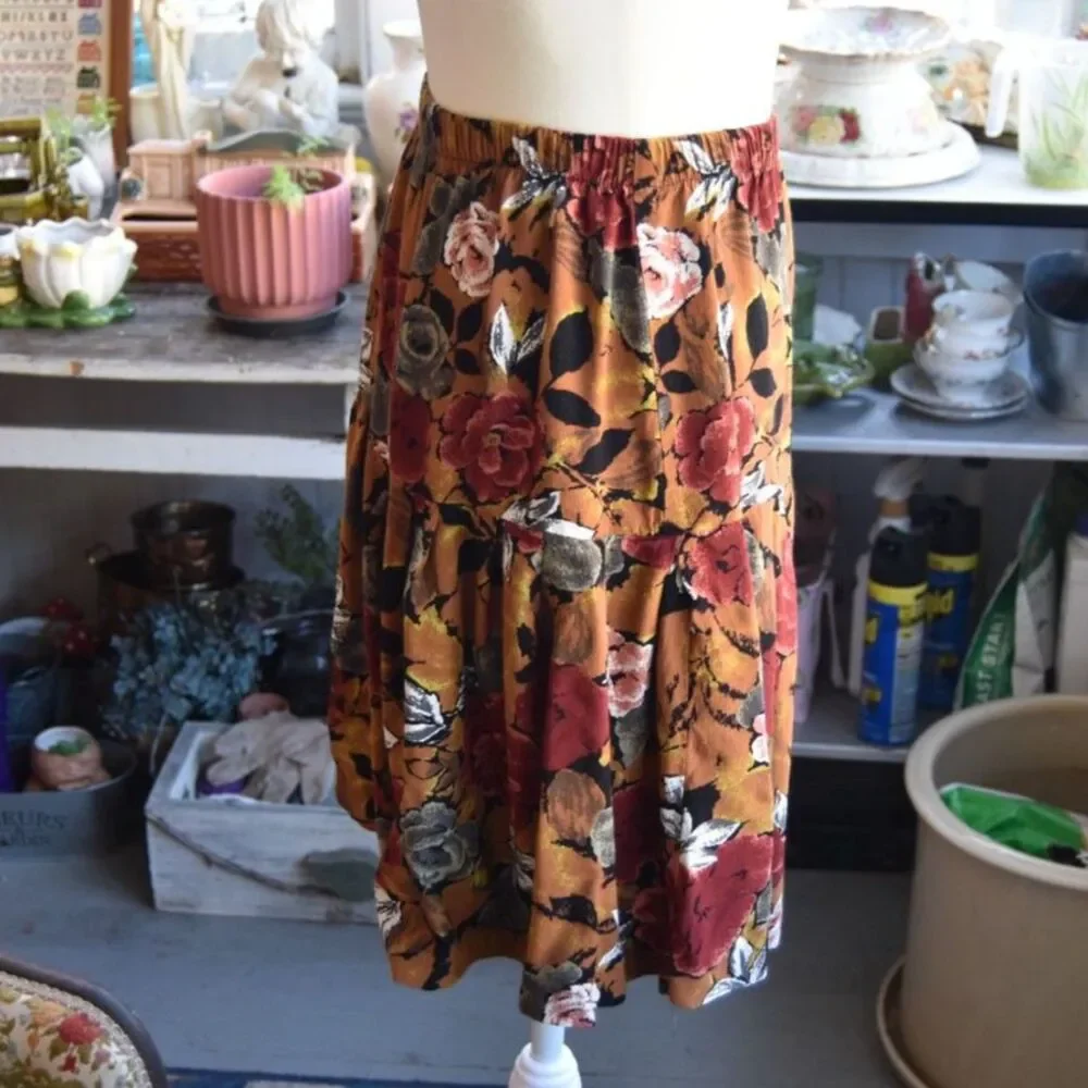 Vintage 90s Floral Rayon Skirt XS-M Rust Brown Rose Grunge Midi